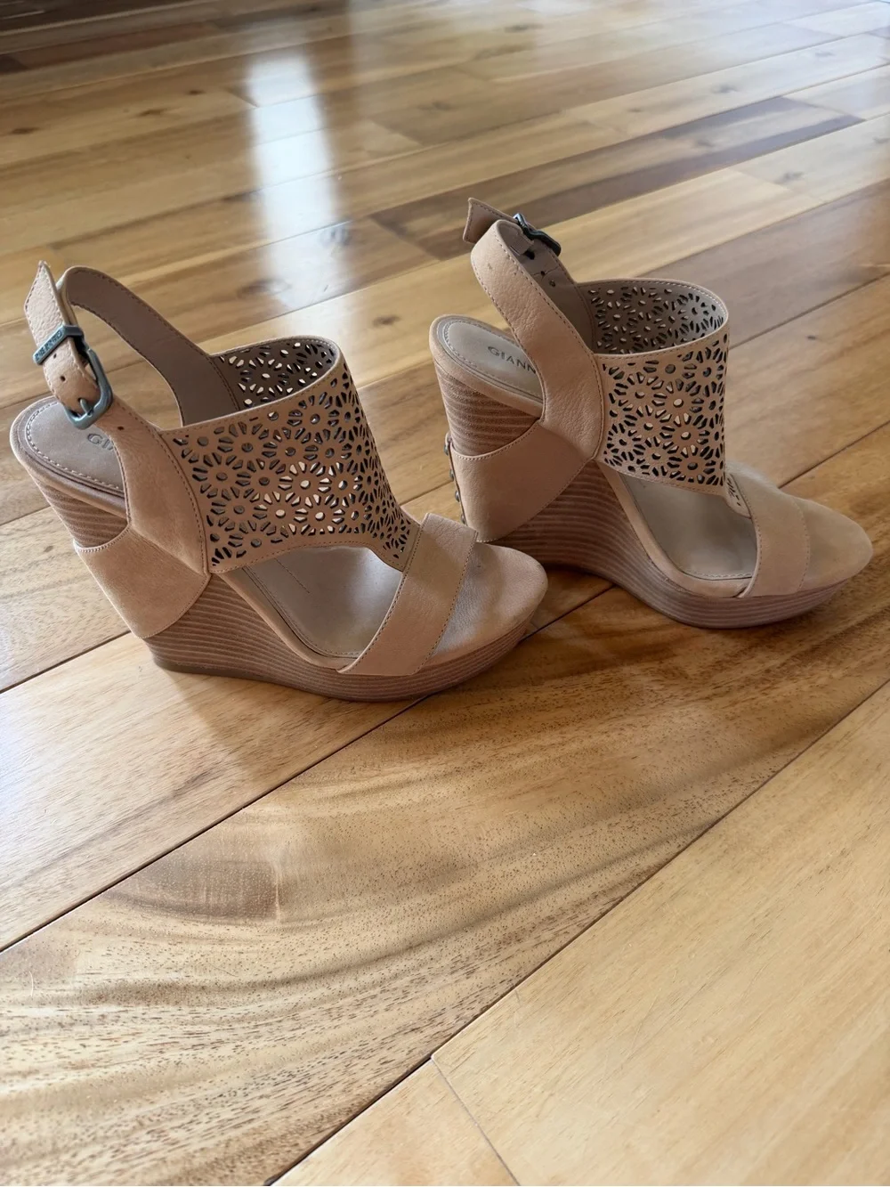Gianni Bini Nude Laser-Cut Wedge Sandals